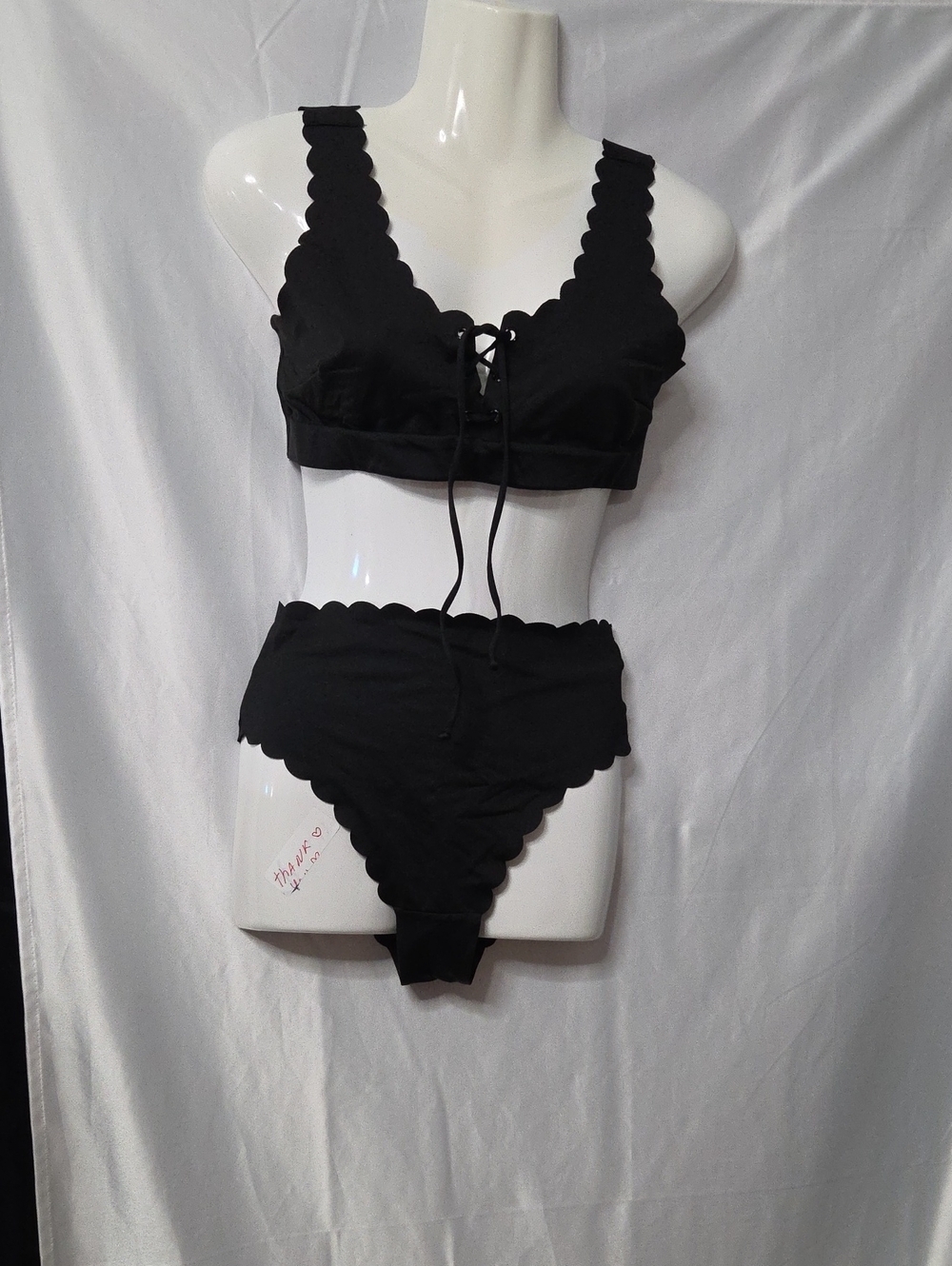 H&M Black Scalloped Lace-Up Bralette and High-Waist Briefs Size 8 [1752]
